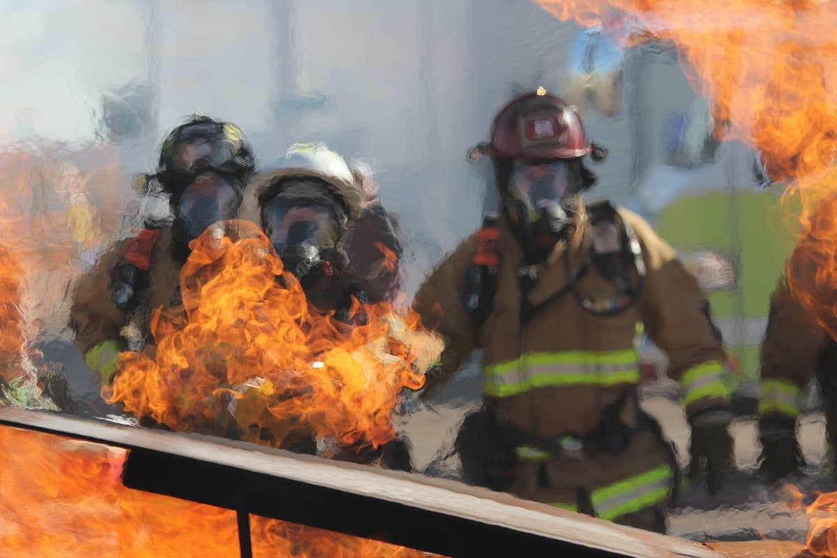 Firefighters near a wildland fire operation with smoke rising through the trees